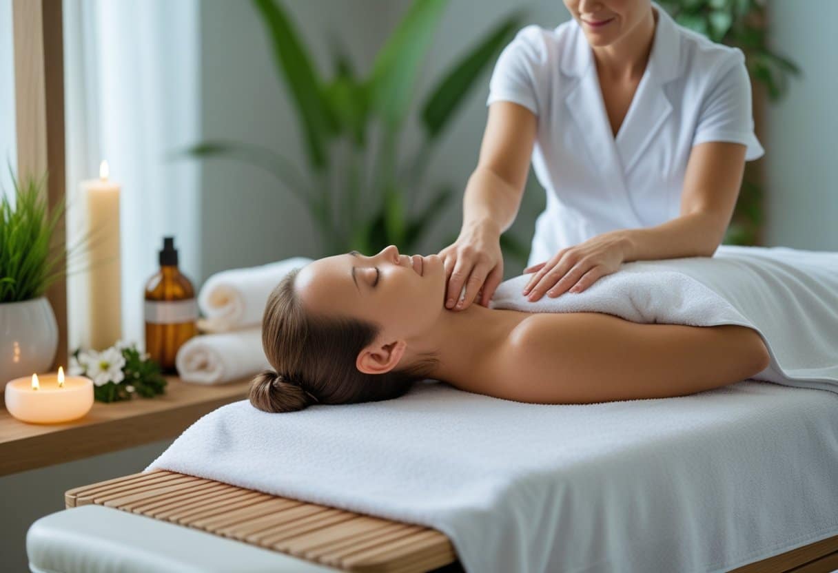 A massage therapist giving a shoulder massage to a relaxed adult client lying on a massage table in a calm spa room with plants and wellness items nearby.