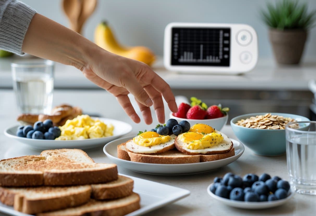 A breakfast table with whole grain toast, eggs, berries, oatmeal, and a glass of water, with a hand reaching for the food and a glucose monitor in the background.