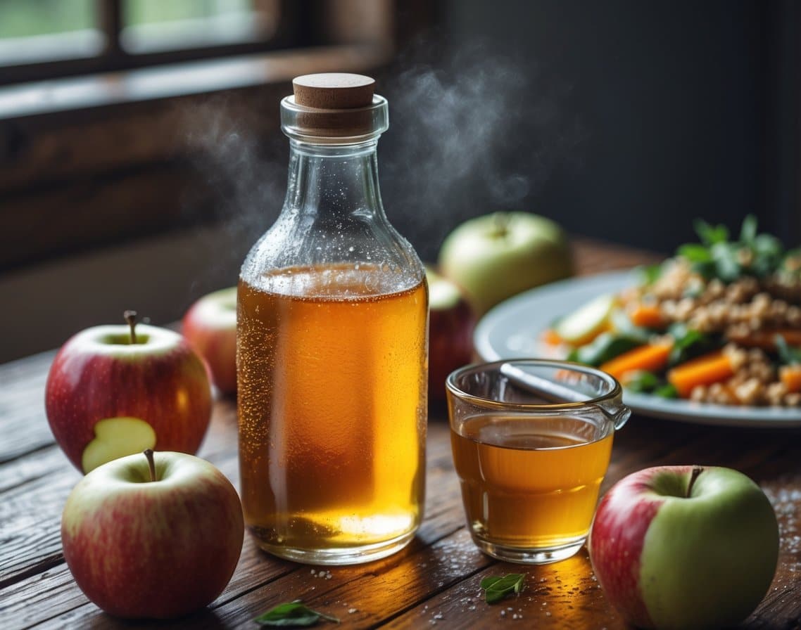 A close-up of a glass bottle and measuring cup filled with apple cider vinegar on a wooden table, surrounded by fresh apples and a plate of food in the background.