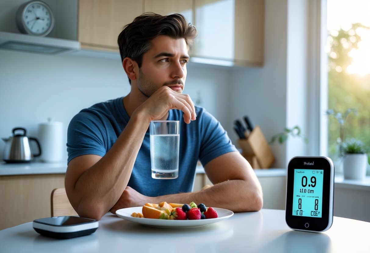 A young man sitting at a kitchen table holding a glass of water with a plate of healthy food and a blood glucose monitor in front of him, with morning light coming through a window.