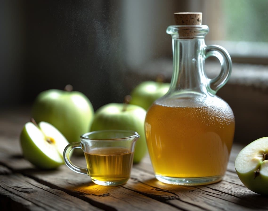 A glass bottle of apple cider vinegar on a wooden table surrounded by fresh green apples, some sliced, with natural light and a softly blurred background.