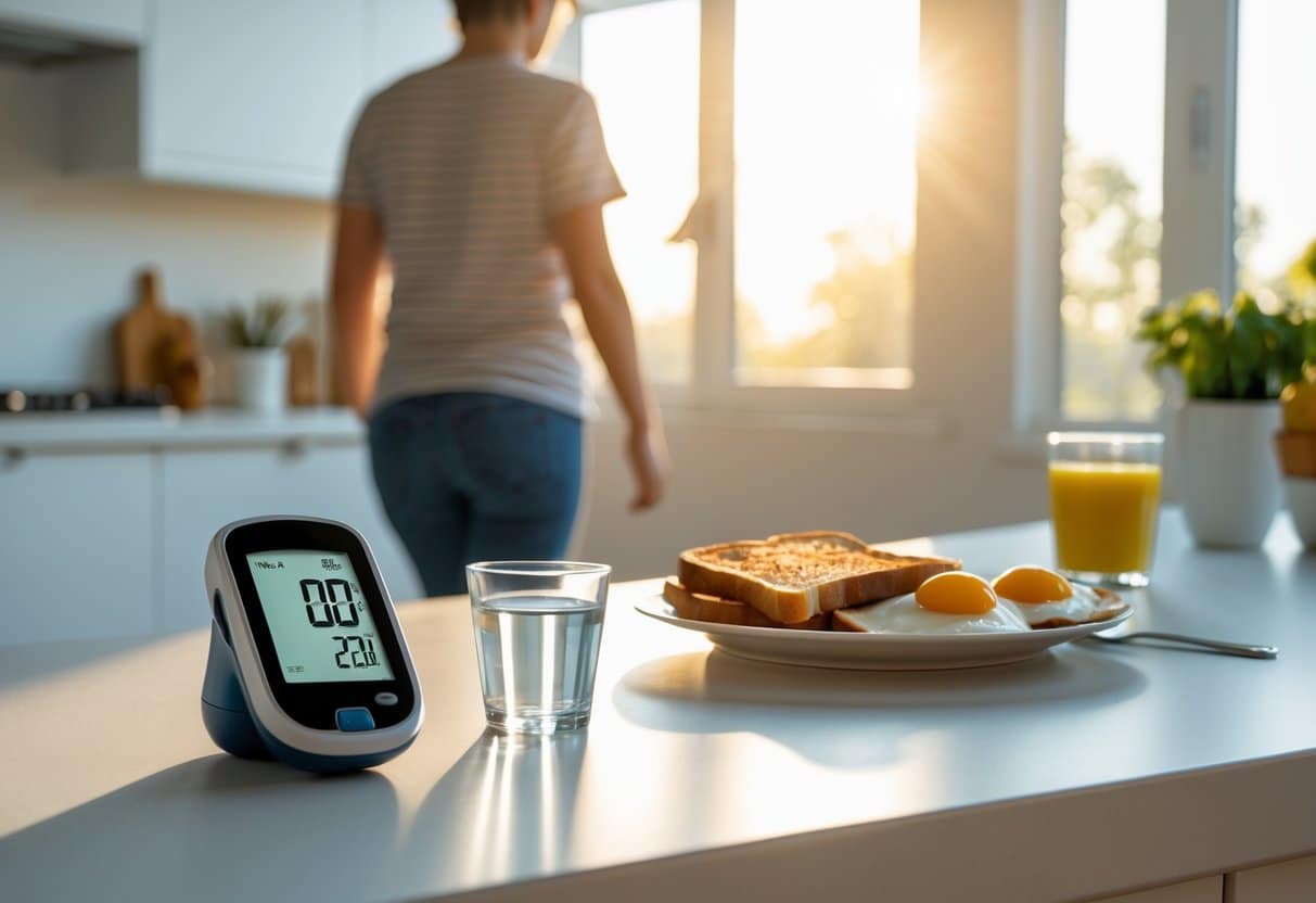 A kitchen countertop with a blood glucose meter and a glass of water, with an untouched breakfast plate and a person walking away in the background.