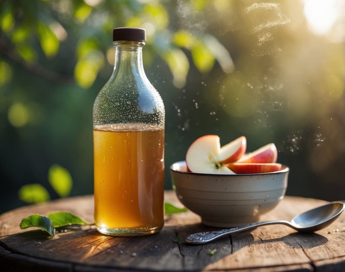 Close-up of a glass bottle of apple cider vinegar and a bowl of sliced apples on a wooden table outdoors with soft sunlight and blurred green foliage in the background.