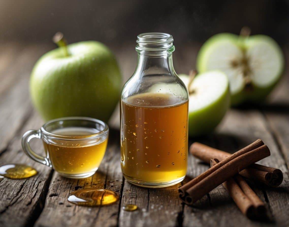 A close-up of a small glass bottle of apple cider vinegar on a wooden table, with a glass cup, apple slices, and cinnamon sticks nearby.