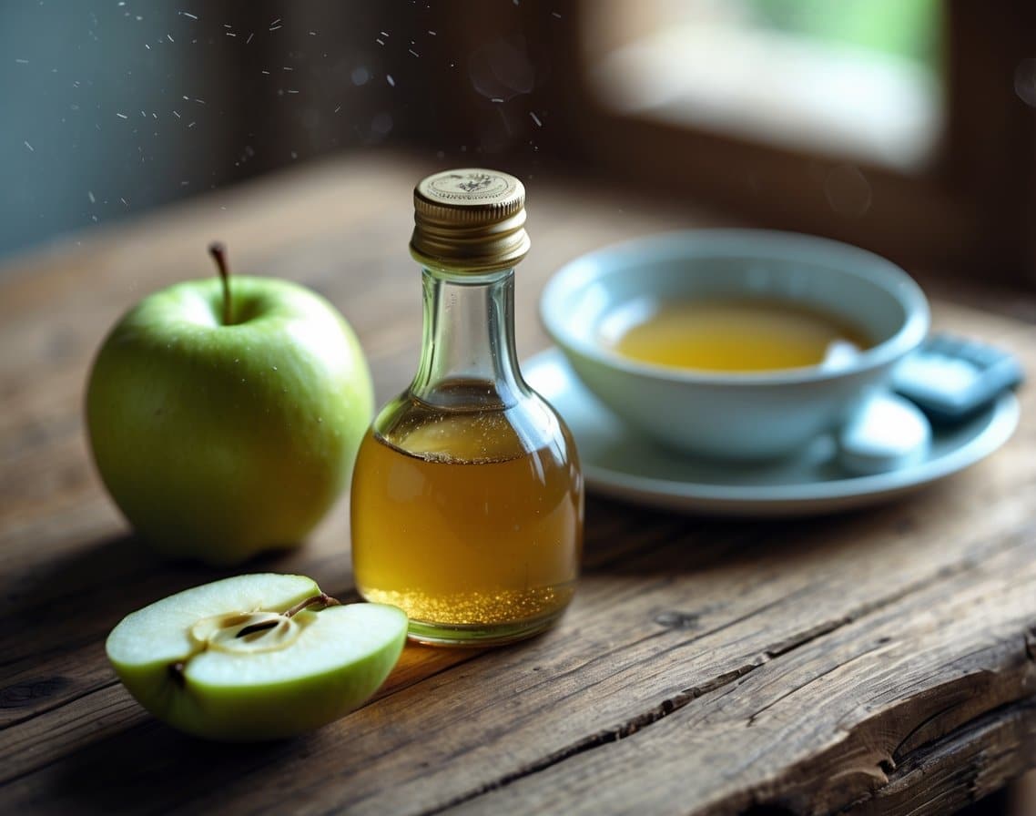 A close-up of a bottle of apple cider vinegar next to a halved green apple on a wooden table, with a blurred glucometer and plate in the background.