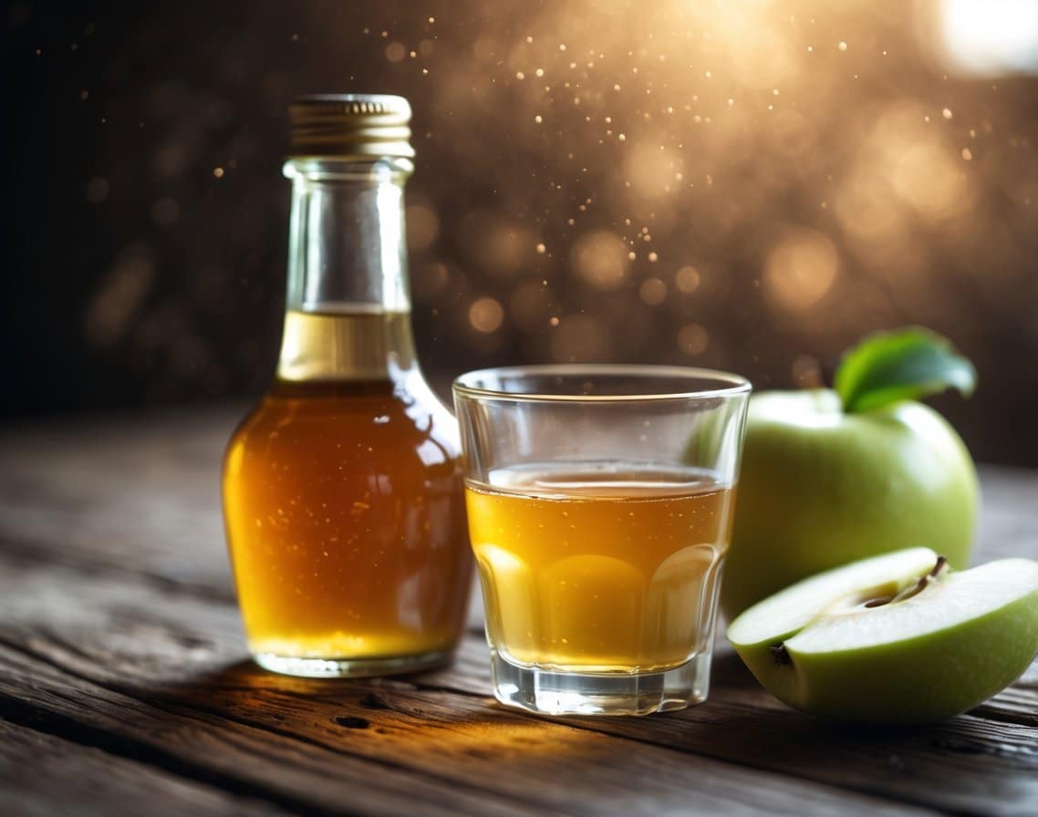 A close-up of a glass bottle of apple cider vinegar, a small glass with vinegar, and sliced green apple pieces arranged on a wooden table.