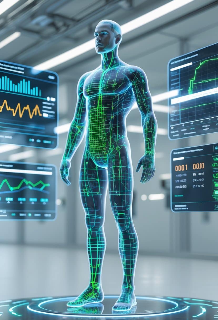 A 3D digital scene showing a glowing human figure surrounded by floating holographic data panels and a digital calculator interface in a modern lab setting.