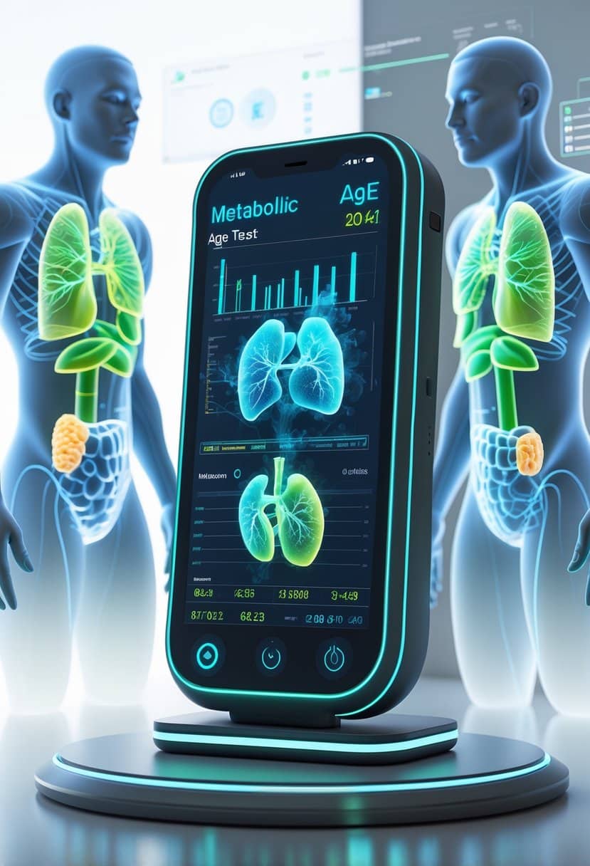 A 3D scene showing a futuristic biometric scanner with holographic data and human silhouettes highlighting internal organs, representing metabolic age testing.