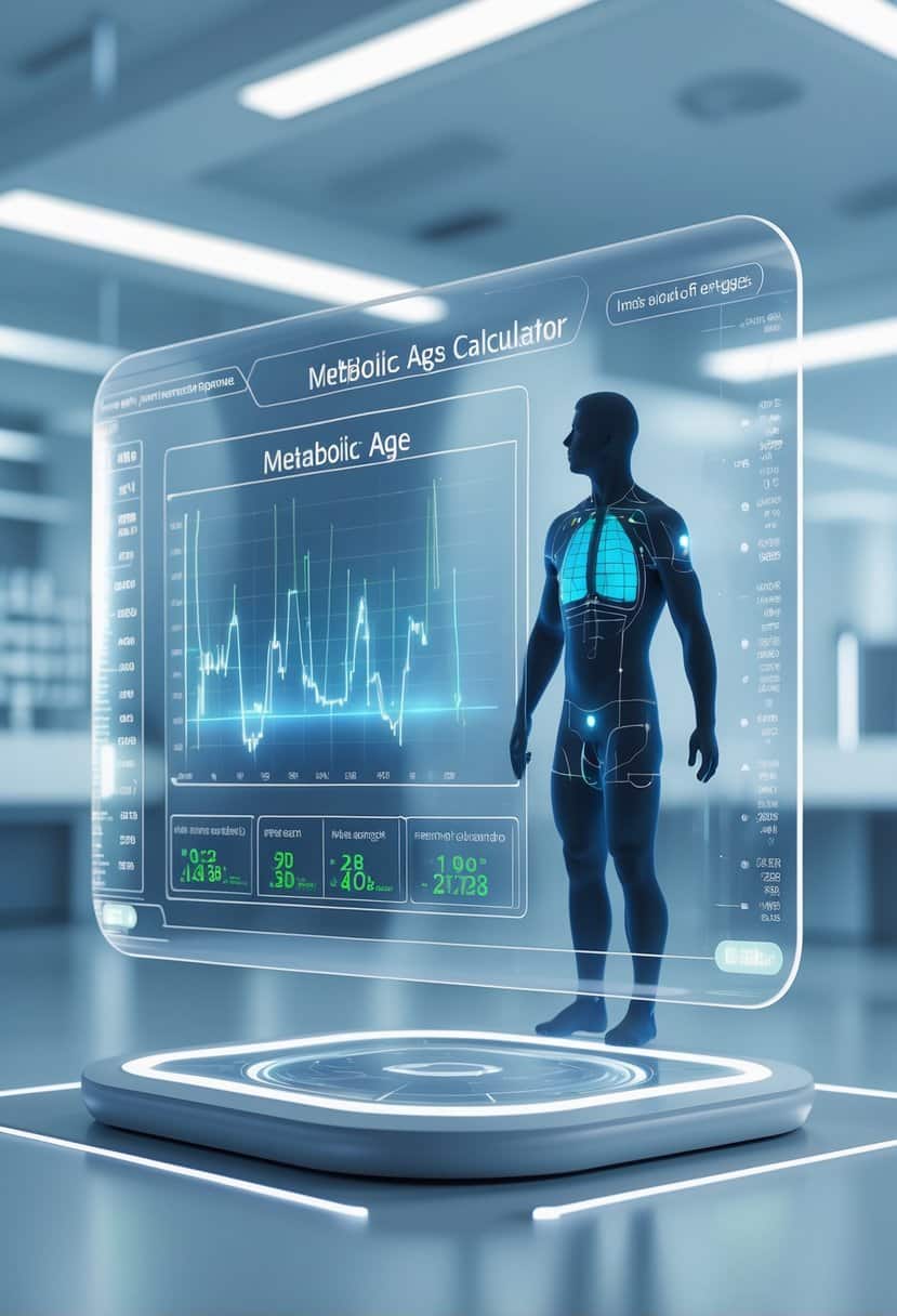 A 3D scene showing a holographic interface with biometric data and a human silhouette in a high-tech lab environment.