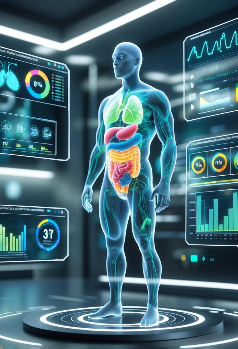 A 3D digital scene showing a transparent human figure with glowing internal organs surrounded by floating holographic health data panels in a high-tech lab environment.