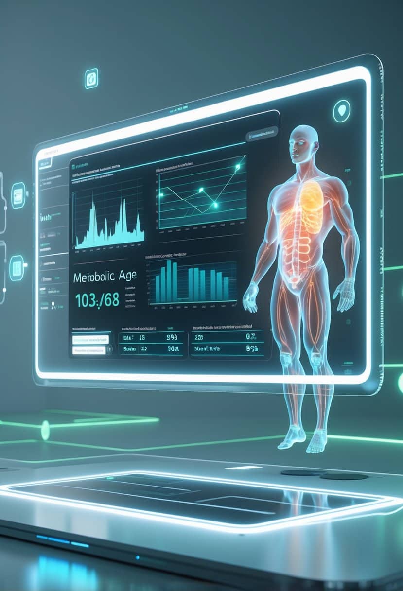 A digital workspace showing a transparent screen with biometric data and a semi-transparent human figure highlighting metabolism and age-related biology.