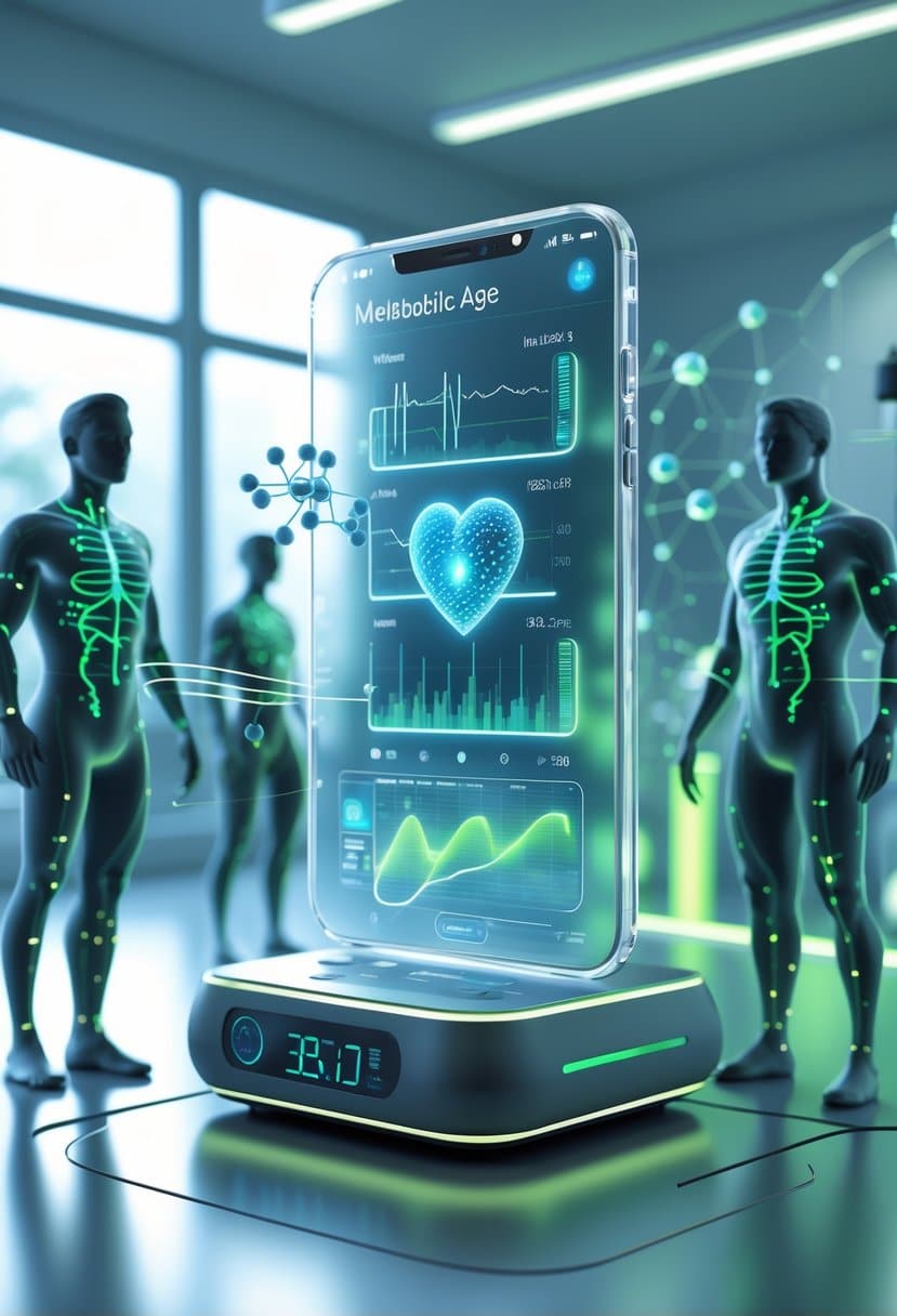 A futuristic digital device displaying biometric data with human silhouettes showing metabolic activity in a modern lab setting.