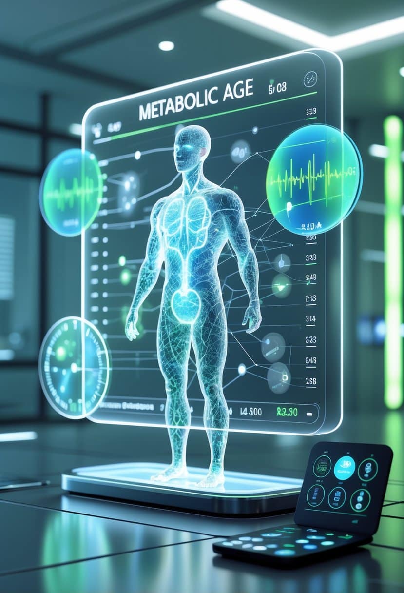A 3D scene showing a glowing human figure surrounded by floating data graphs and a digital calculator interface in a futuristic health setting.