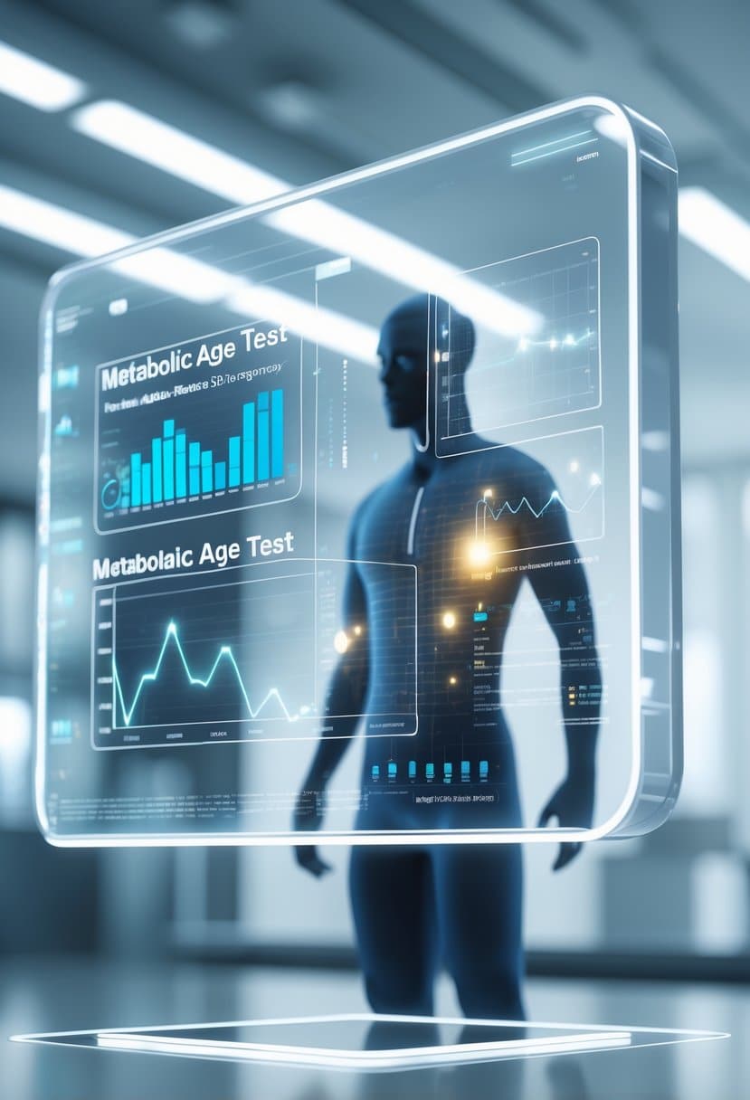 A 3D scene showing a transparent holographic screen with biometric graphs and a human silhouette highlighting metabolic data in a modern laboratory setting.