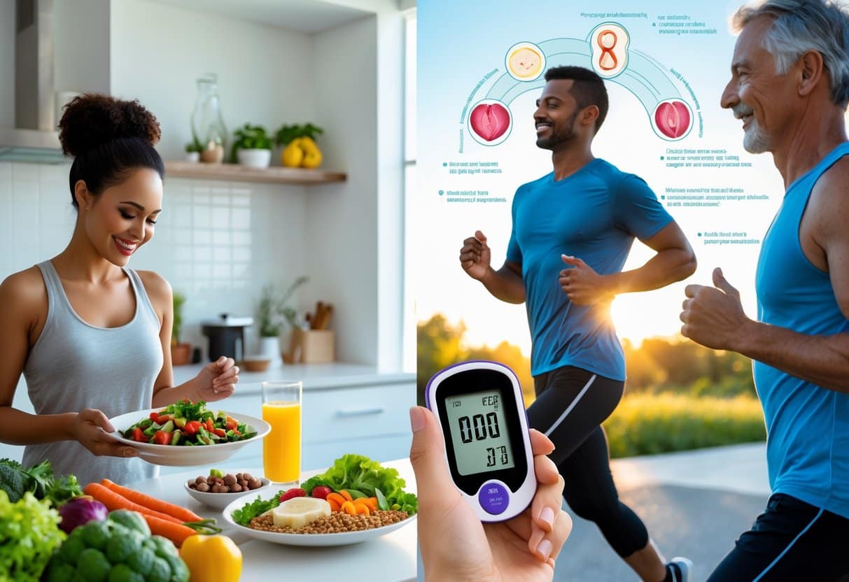 v2-11uk7f-5odna - Preventive Medicine Daily A diverse group of adults preparing healthy food, exercising outdoors, and checking blood sugar levels, with a transparent human silhouette showing internal organs.