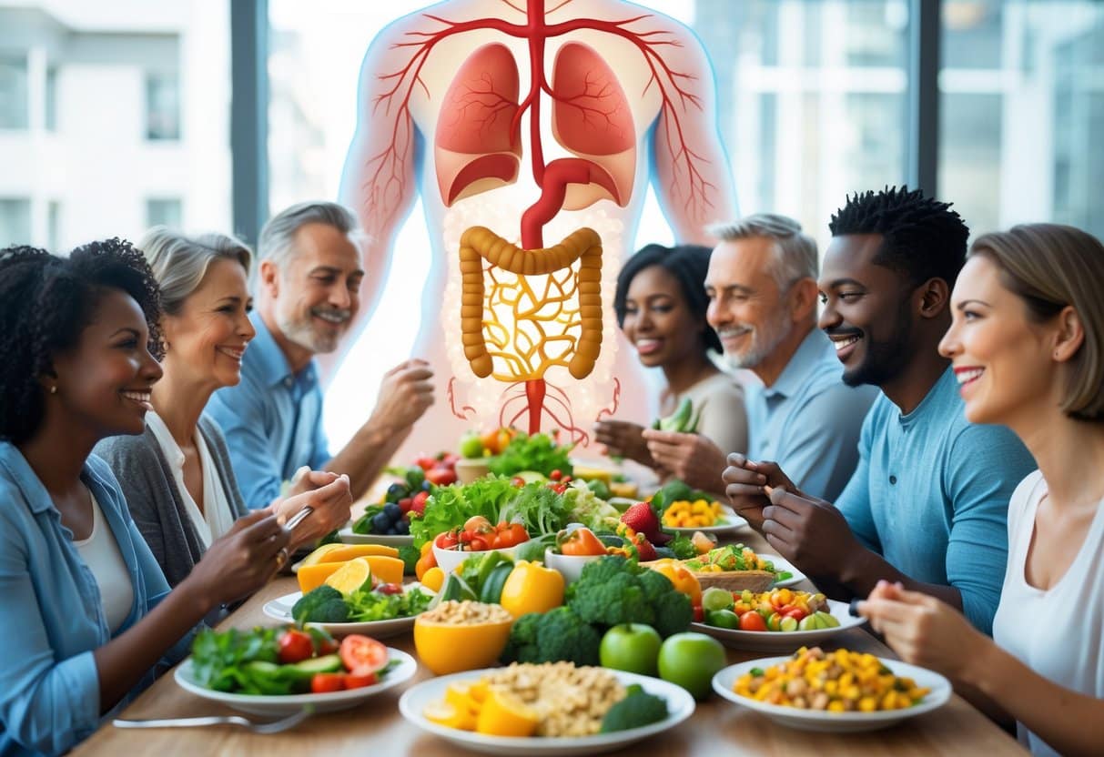 v2-11uk7y-0arts - Preventive Medicine Daily A group of adults enjoying a healthy meal with fresh fruits and vegetables, with a faint anatomical illustration of the human torso highlighting organs related to blood sugar regulation in the background.