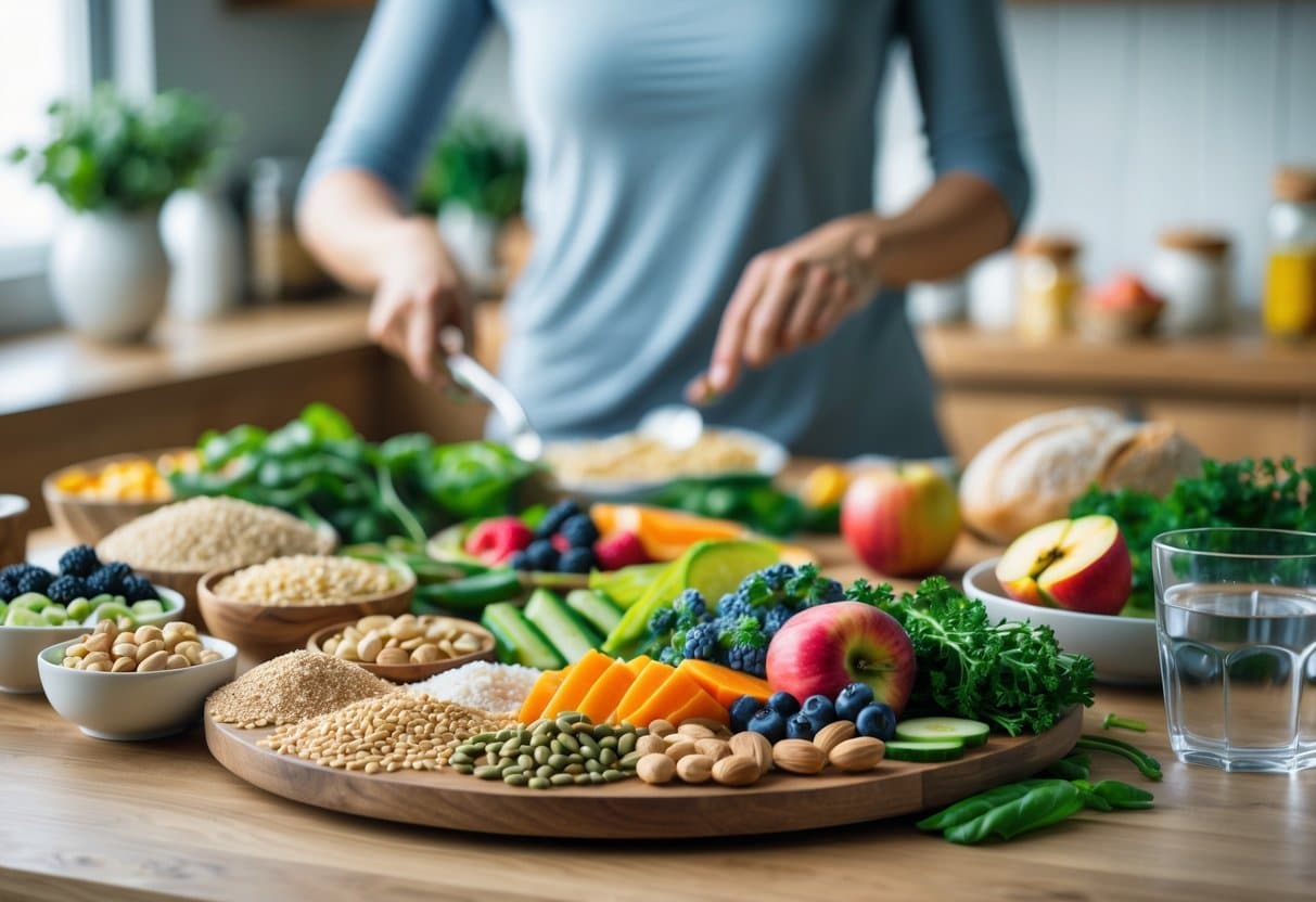 v2-11uk9h-s8pqo - Preventive Medicine Daily A person preparing a balanced meal with fresh fruits, vegetables, whole grains, and lean proteins on a kitchen table.
