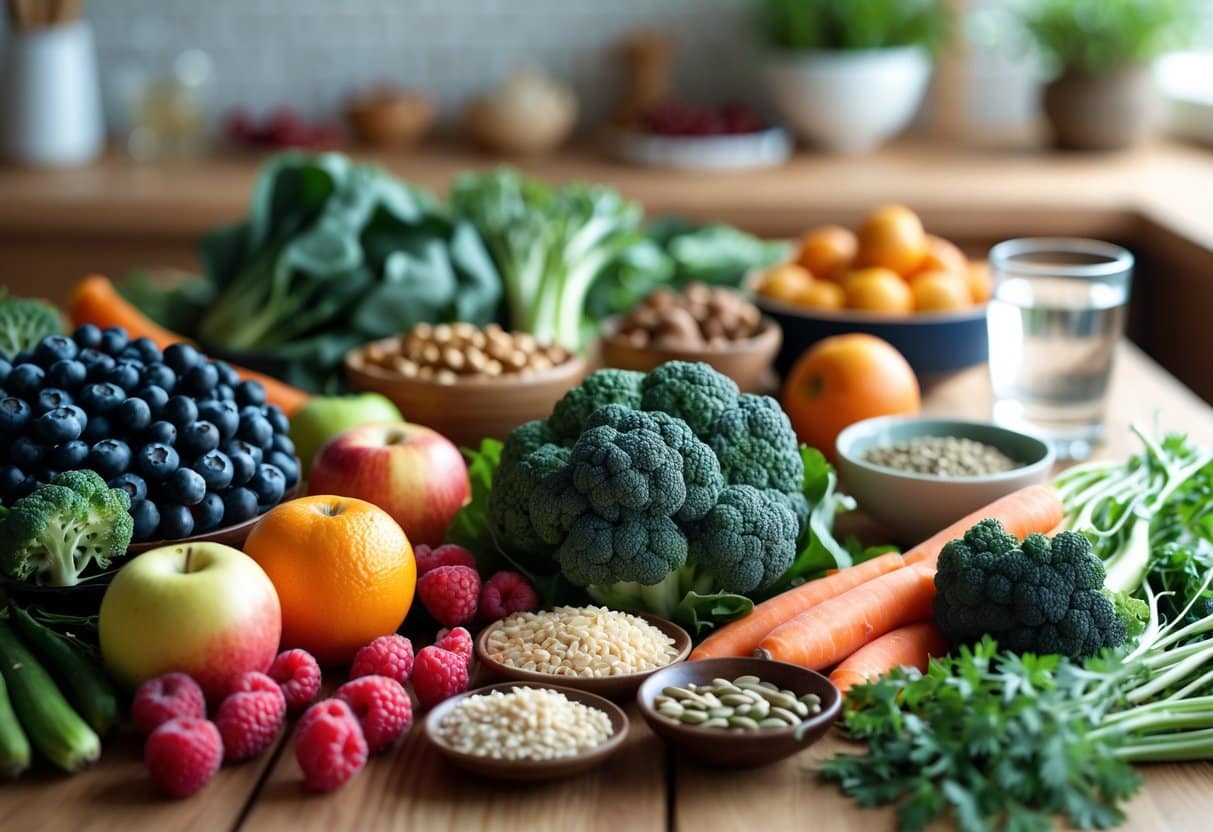 v2-11ukaj-2tzll - Preventive Medicine Daily A table displaying a variety of fresh fruits, vegetables, whole grains, nuts, and a glass of water, representing foods that help balance blood sugar.