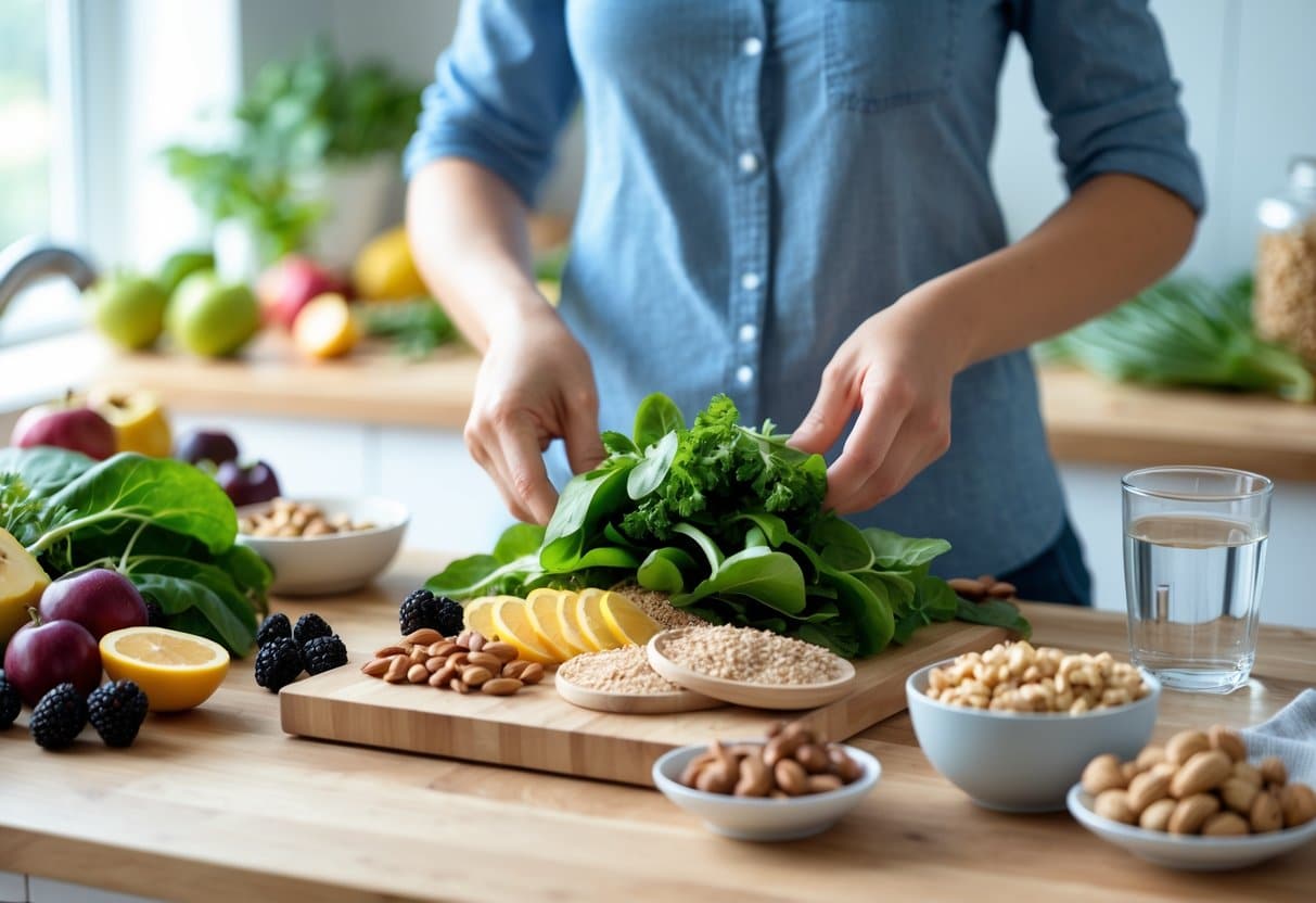 v2-11ukbm-9annr - Preventive Medicine Daily Hands preparing a healthy meal with fresh fruits, vegetables, and nuts on a kitchen countertop.