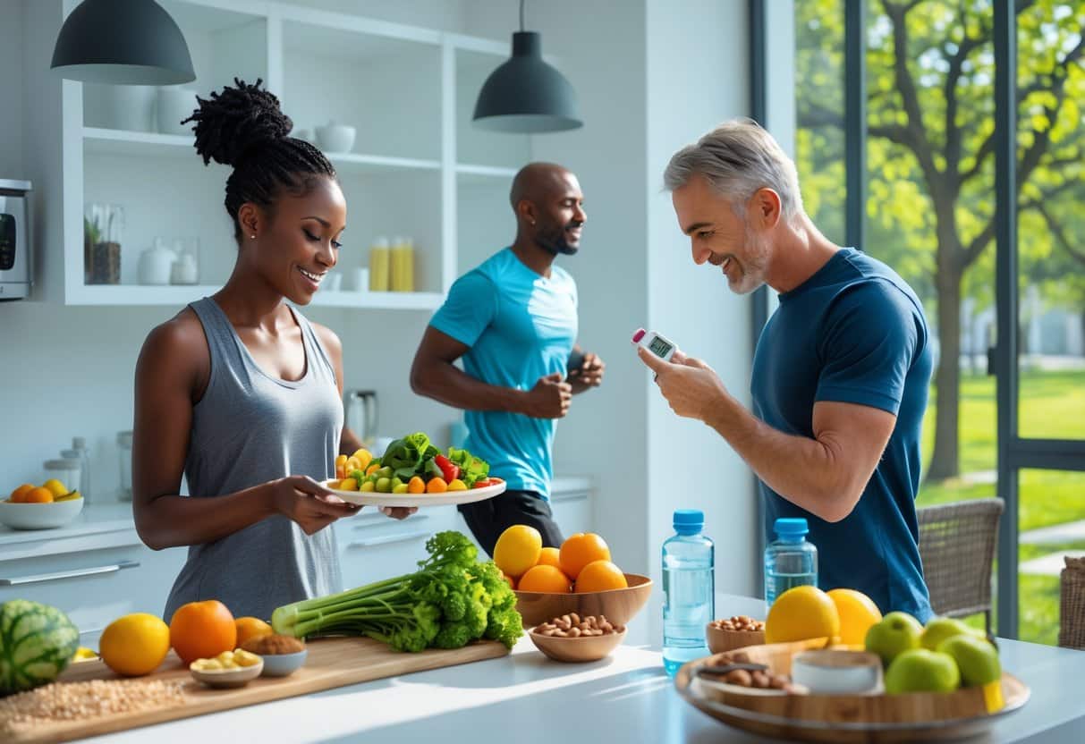 v2-11ukcb-wnrj9 - Preventive Medicine Daily People preparing healthy food, exercising outdoors, and checking blood sugar to maintain balanced blood sugar levels.