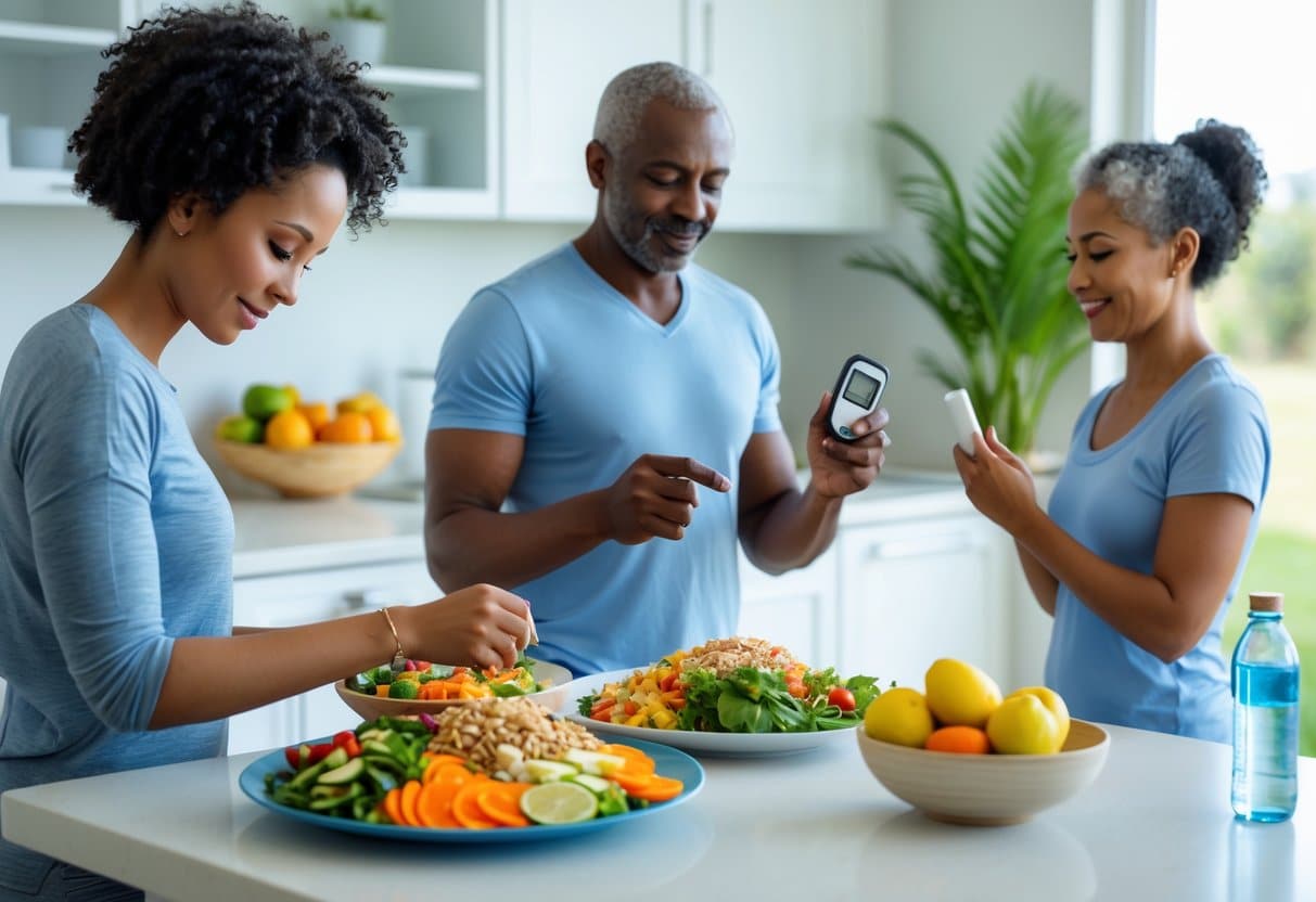 v2-11ukdc-ecvb4 - Preventive Medicine Daily A group of adults preparing healthy food, checking blood sugar levels, and exercising outdoors in a bright, natural setting.