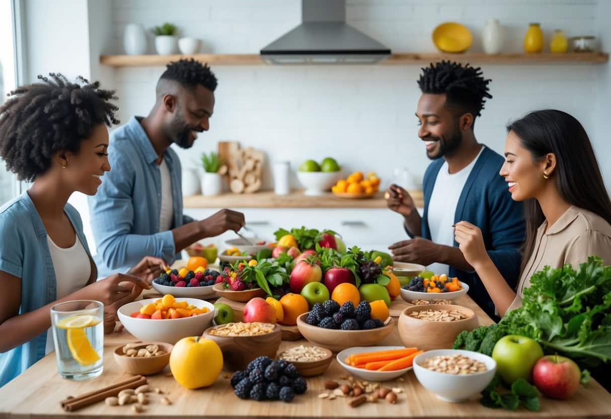 v2-11uke9-kl1nd - Preventive Medicine Daily People preparing and enjoying a healthy meal with fresh fruits, vegetables, and natural supplements in a bright kitchen.