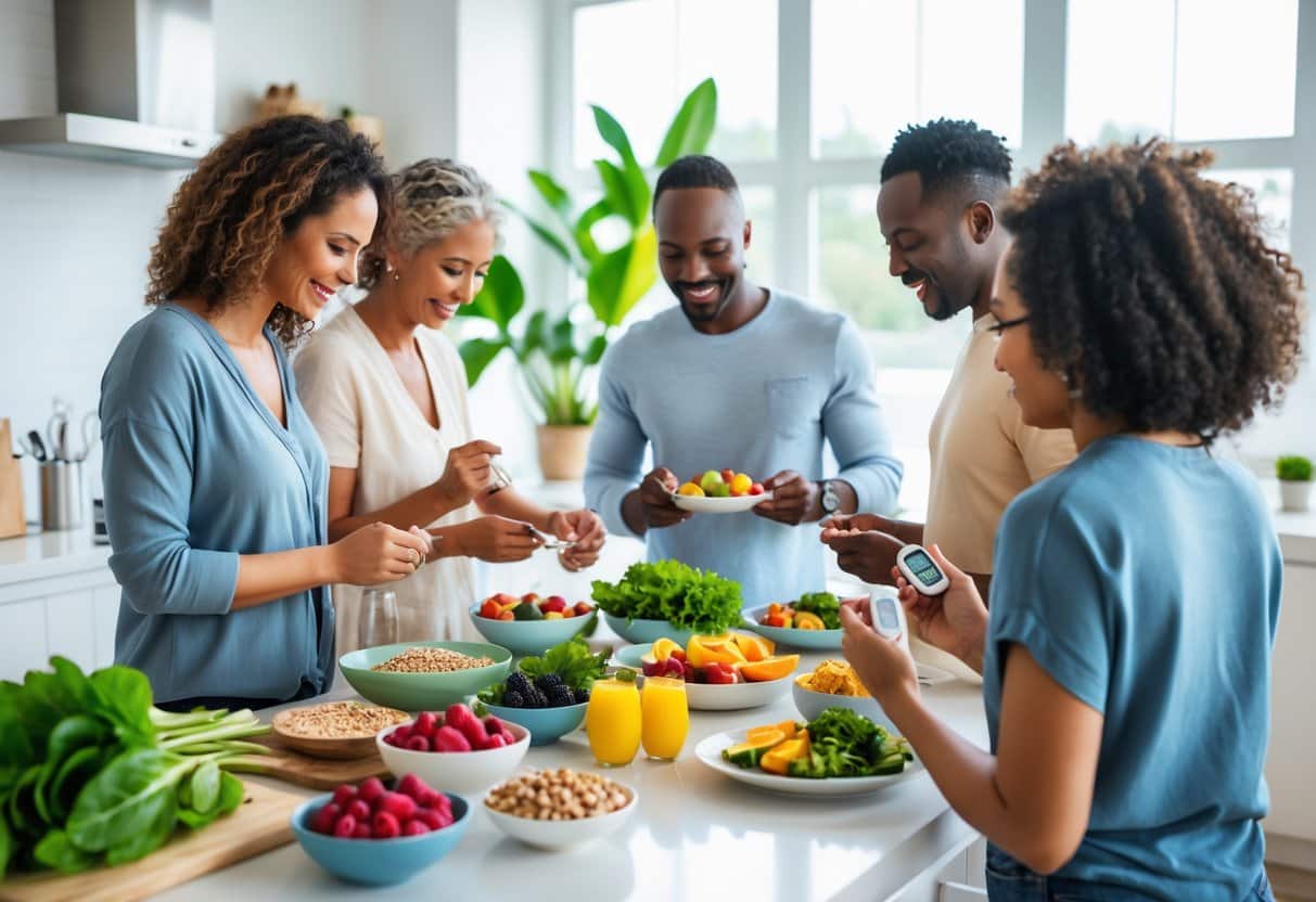 v2-11ukfo-3ojz8 - Preventive Medicine Daily People preparing a healthy balanced meal in a bright kitchen with fresh fruits and vegetables, one person measuring blood sugar with a glucometer.