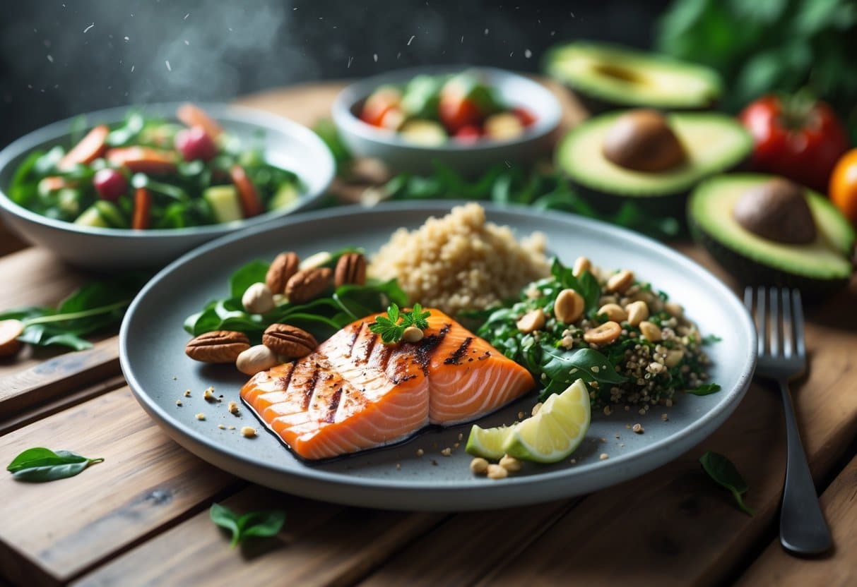 A wooden table set with a variety of fresh, colorful healthy dishes including grilled salmon, quinoa salad, roasted vegetables, avocado, nuts, and berries arranged attractively.
