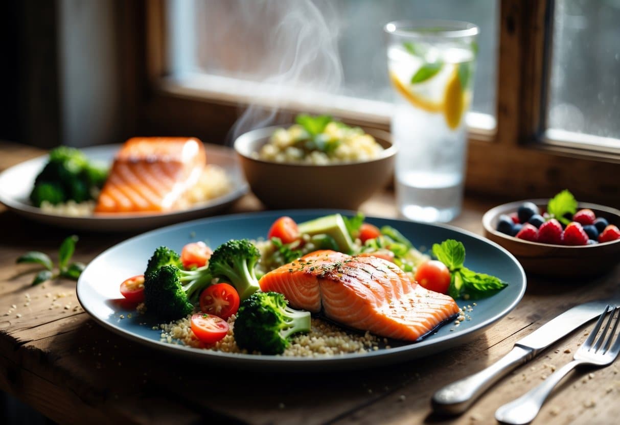 A wooden table with a variety of healthy meals including grilled salmon, steamed broccoli, quinoa salad, mixed berries, and a glass of lemon water arranged near a window with natural light.