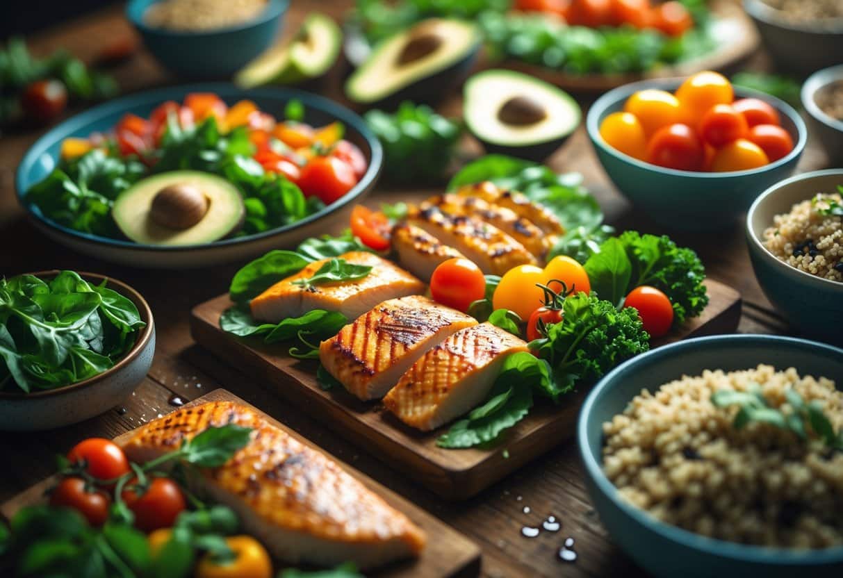 A close-up of a colorful, healthy meal spread with fresh vegetables, grilled chicken, salmon, and whole grains arranged on a wooden table.