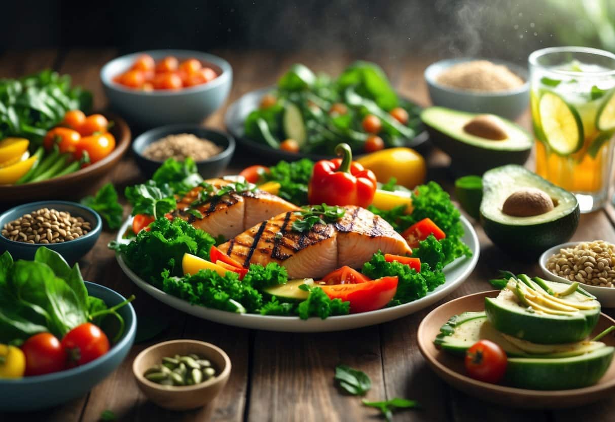 A wooden table set with a variety of colorful healthy foods including grilled chicken, salmon, fresh vegetables, quinoa, nuts, avocado slices, and a glass of lemon-infused water.
