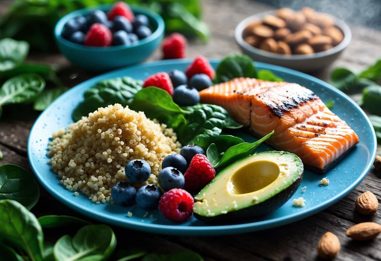 A colorful and fresh meal spread featuring salmon, leafy greens, berries, quinoa, avocado, and almonds arranged on a wooden table.