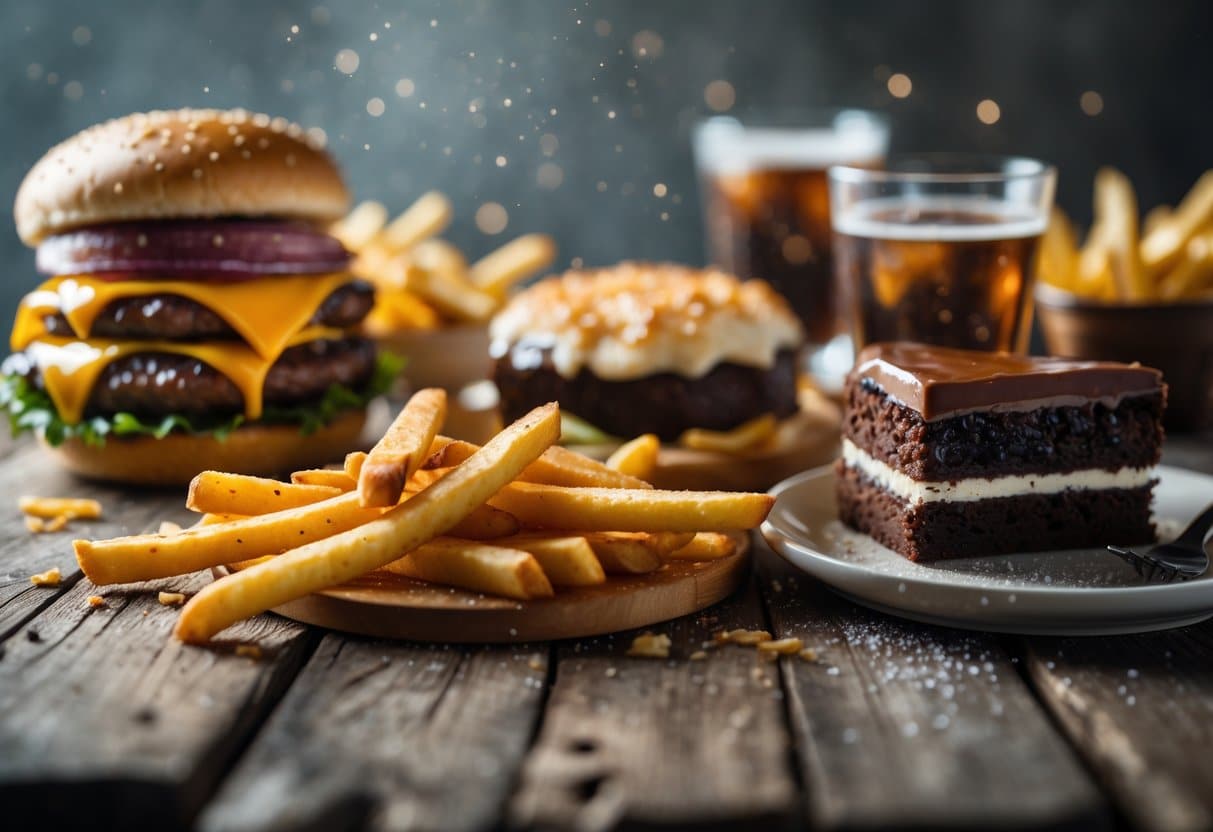 Close-up of a wooden table with a cheeseburger, crispy fries, chocolate cake slice, and a glass of soda.
