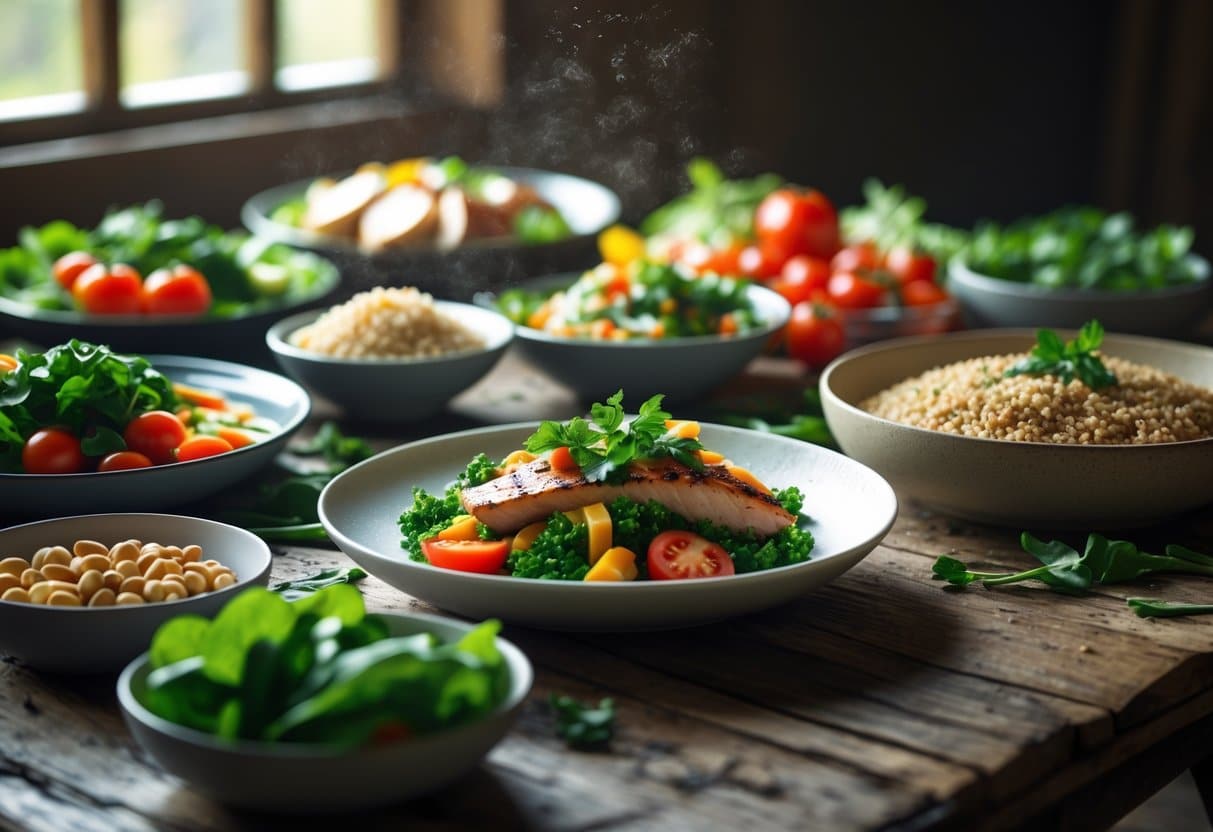 A rustic wooden table displaying a variety of fresh, colorful healthy meals including vegetables, lean proteins, and whole grains arranged on plates and bowls.