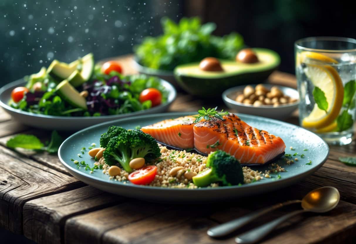 A close-up view of a variety of fresh, healthy foods including grilled salmon, mixed greens with avocado, quinoa, nuts, and a glass of lemon-infused water arranged on a wooden table.