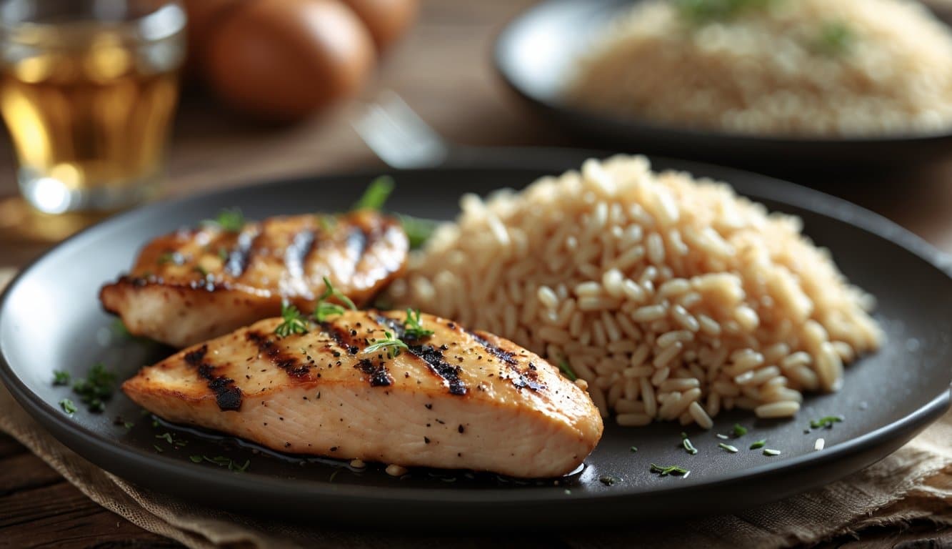 Close-up of a plate with grilled chicken breast and cooked rice on a wooden table, showing detailed textures and natural lighting.