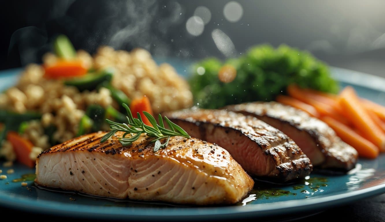 Close-up of a plated meal showing grilled protein like chicken or salmon with vegetables and grains arranged around it.