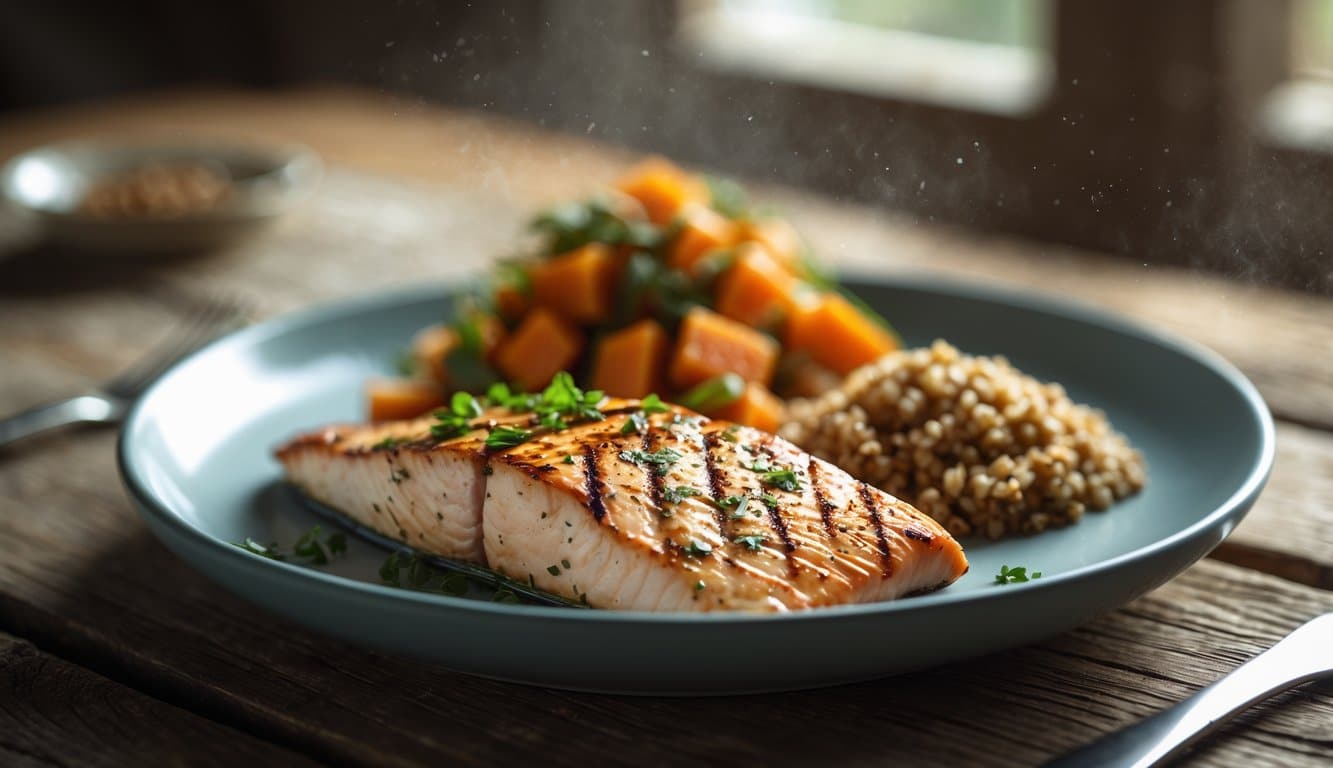 Close-up of a plate with grilled protein and colorful carbohydrates on a wooden table, softly lit with natural light and dust particles in the air.