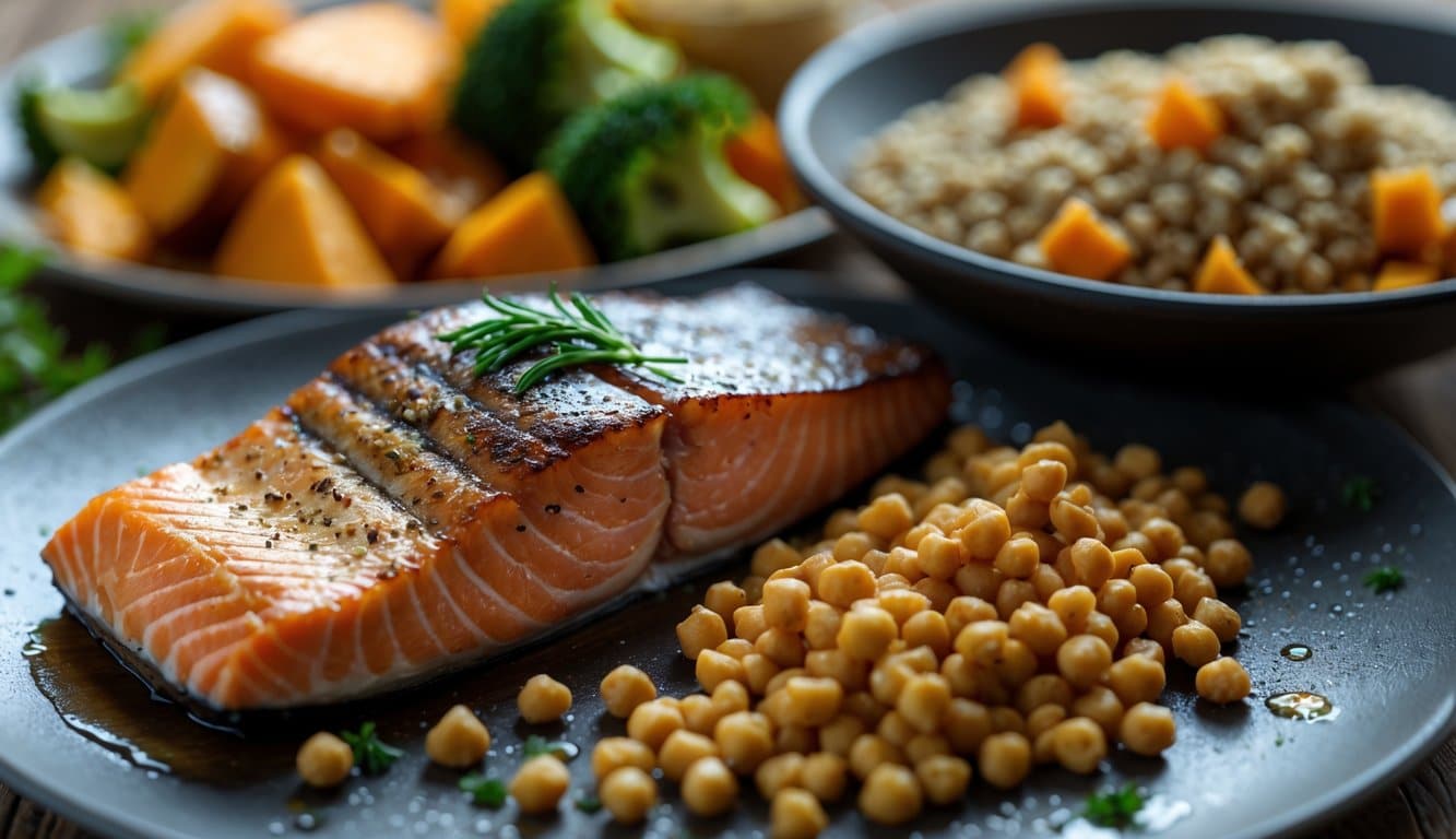 A close-up of a meal featuring grilled salmon, medium-rare steak, legumes, and a separate plate of roasted sweet potatoes, quinoa, and broccoli arranged on a wooden table.