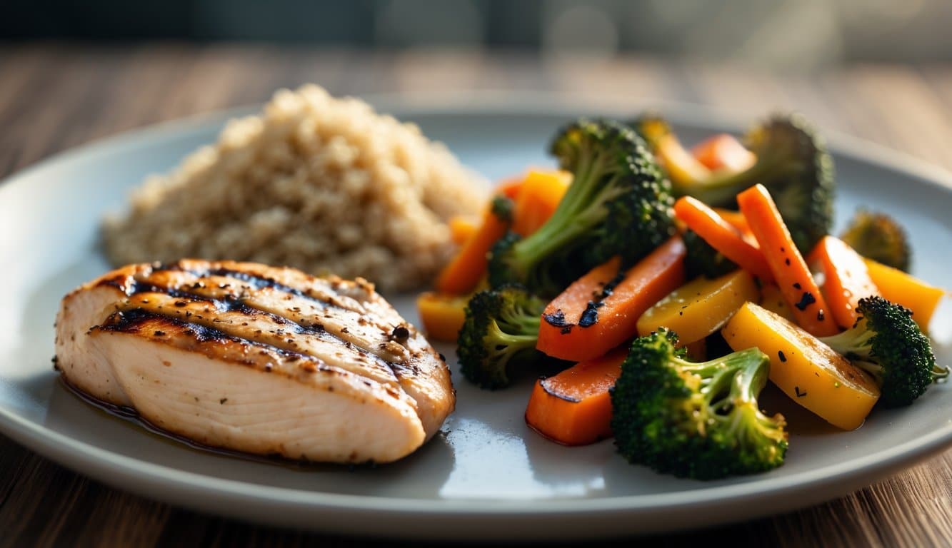 A close-up view of a plate with grilled chicken, roasted vegetables, and a small portion of brown rice arranged on a table.