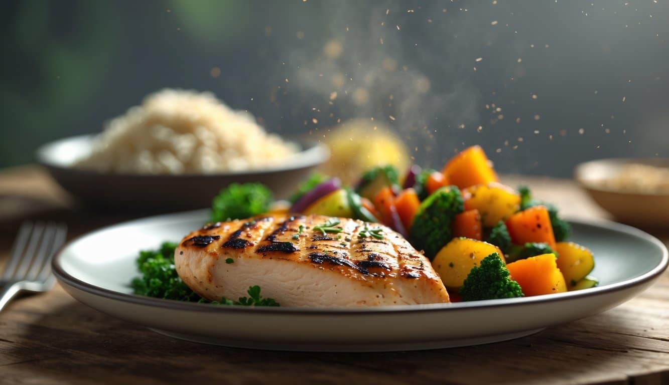 A close-up of a plate with grilled chicken, roasted vegetables, and whole grain rice on a wooden table.