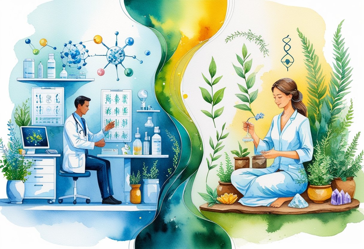 A split scene showing a modern medical clinic on one side and a natural herbal healing setting on the other, highlighting two different approaches to health.