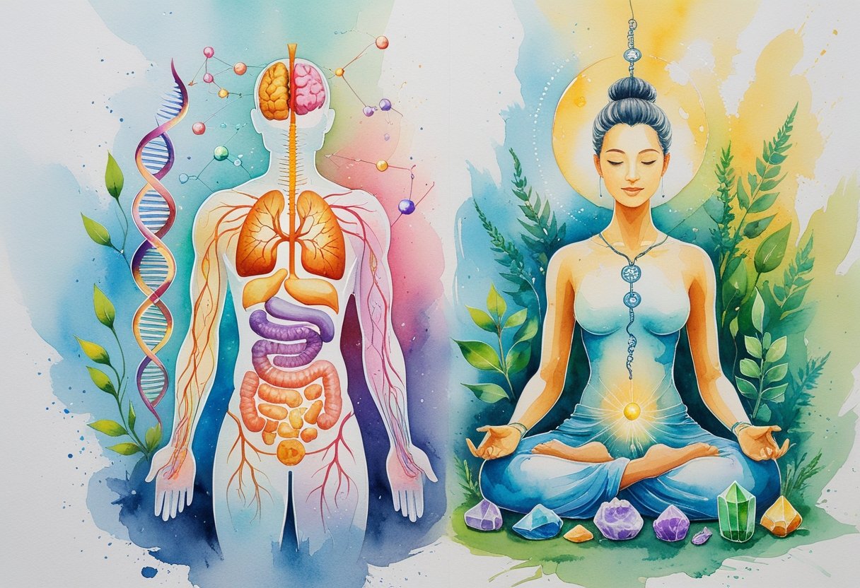 A watercolor scene showing a human figure with highlighted organs and scientific symbols on one side, and natural elements like herbs, acupuncture needles, and a meditating person on the other, blending together to represent two approaches to medicine.