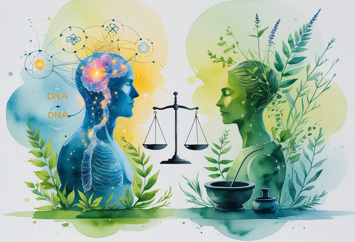 A balanced scene showing a human figure with glowing body nodes on one side and natural healing elements like herbs and acupuncture needles on the other, connected by soft colors blending in the background.