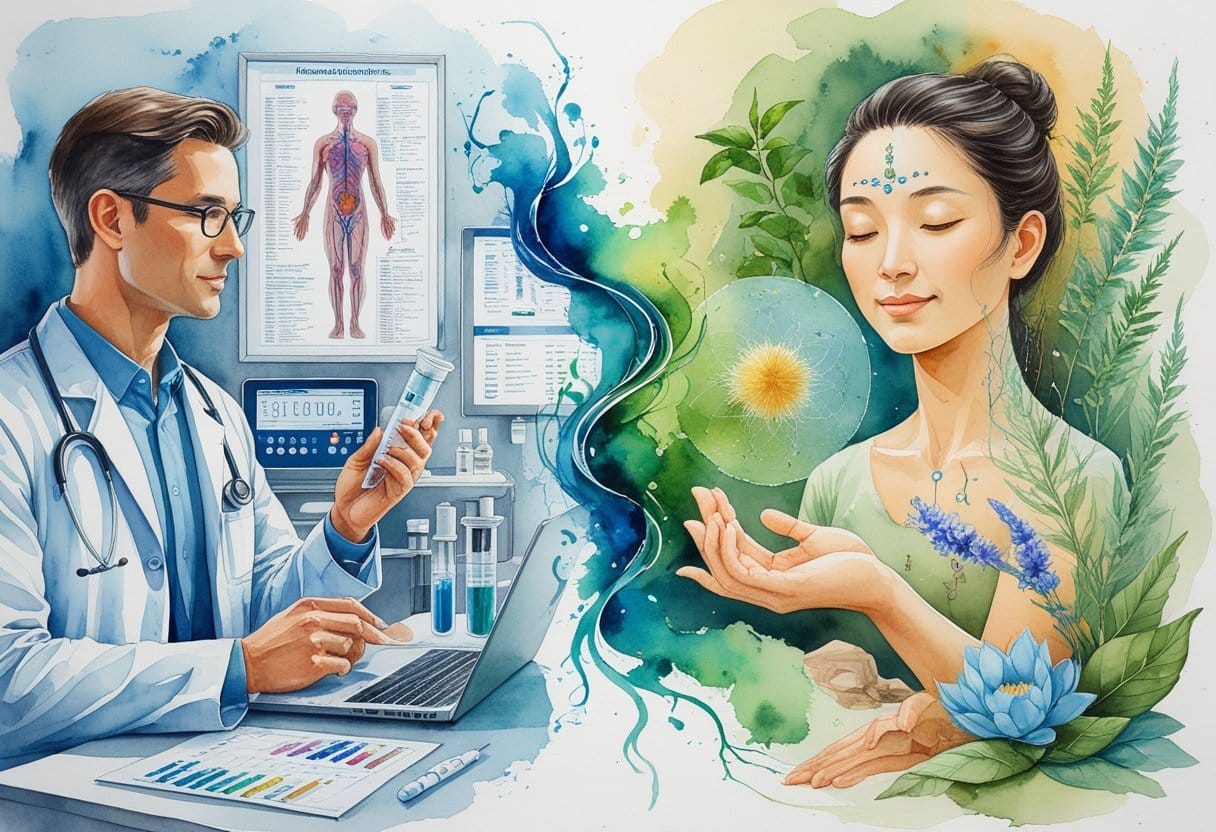 A scene showing a doctor with modern medical tools on one side and natural healing elements like herbs and acupuncture on the other, connected by a gentle blend of colors.