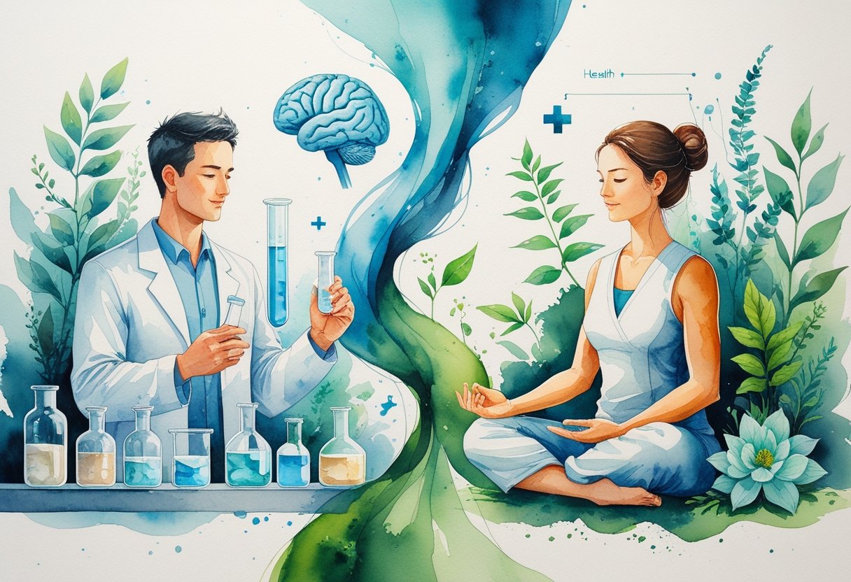 A scene showing a scientist with medicine bottles on one side and a person meditating with herbs and acupuncture needles on the other, connected by flowing colors and faint images of a heart and brain in the background.