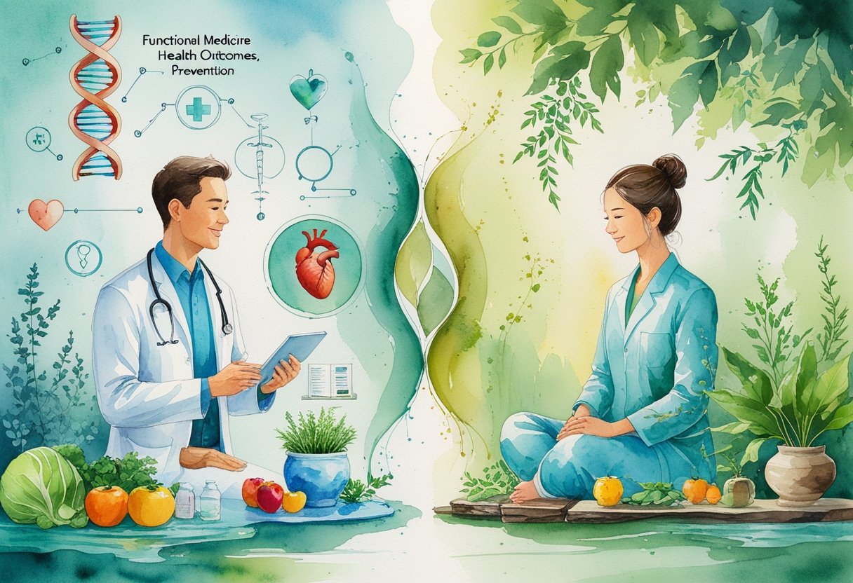 A peaceful scene showing a doctor with a patient on one side and a traditional healer with natural elements on the other, connected by a gentle blend of colors representing health and wellness.