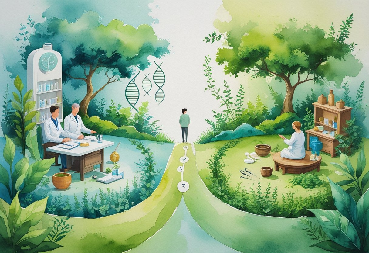 A person standing at a crossroads between a modern medical clinic and a peaceful herbal garden, symbolizing a choice between different health approaches.
