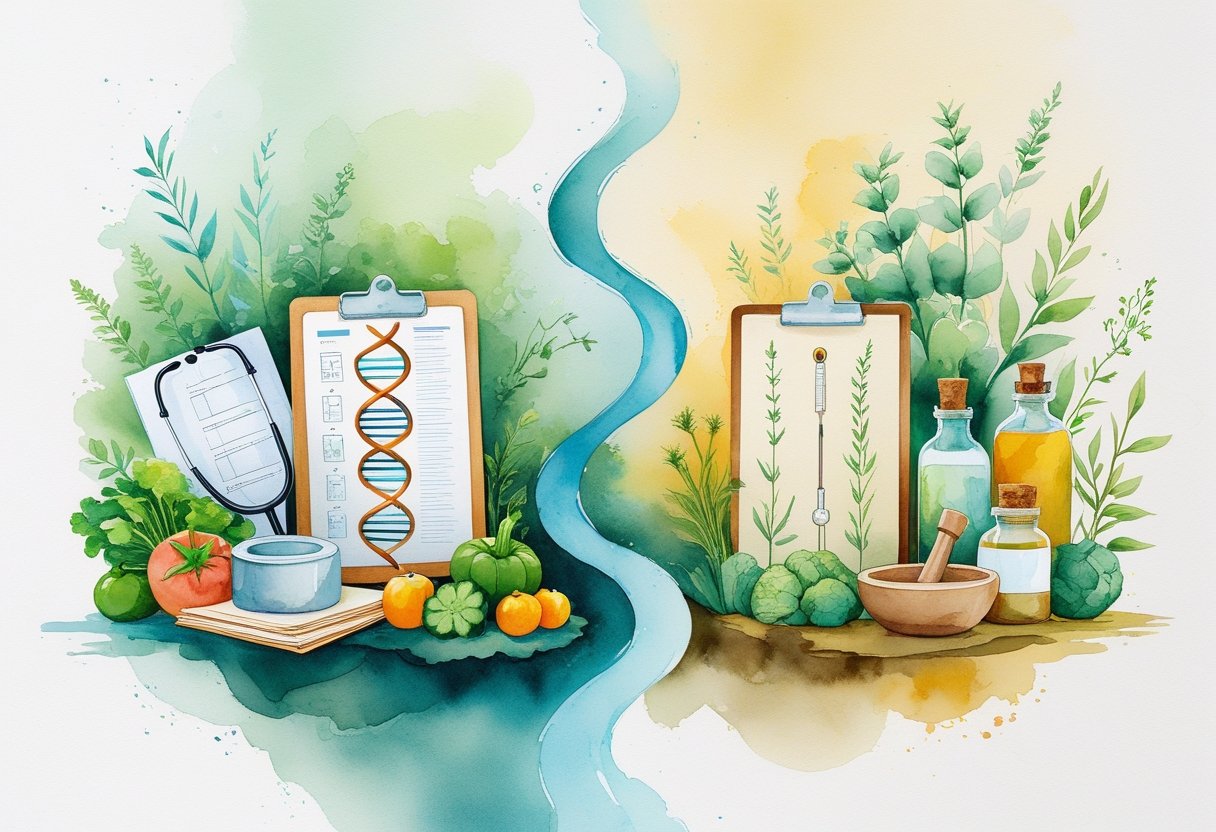 A peaceful scene showing symbols of modern medical care on one side and natural healing elements on the other, separated by a flowing river, representing balance between two approaches to health.