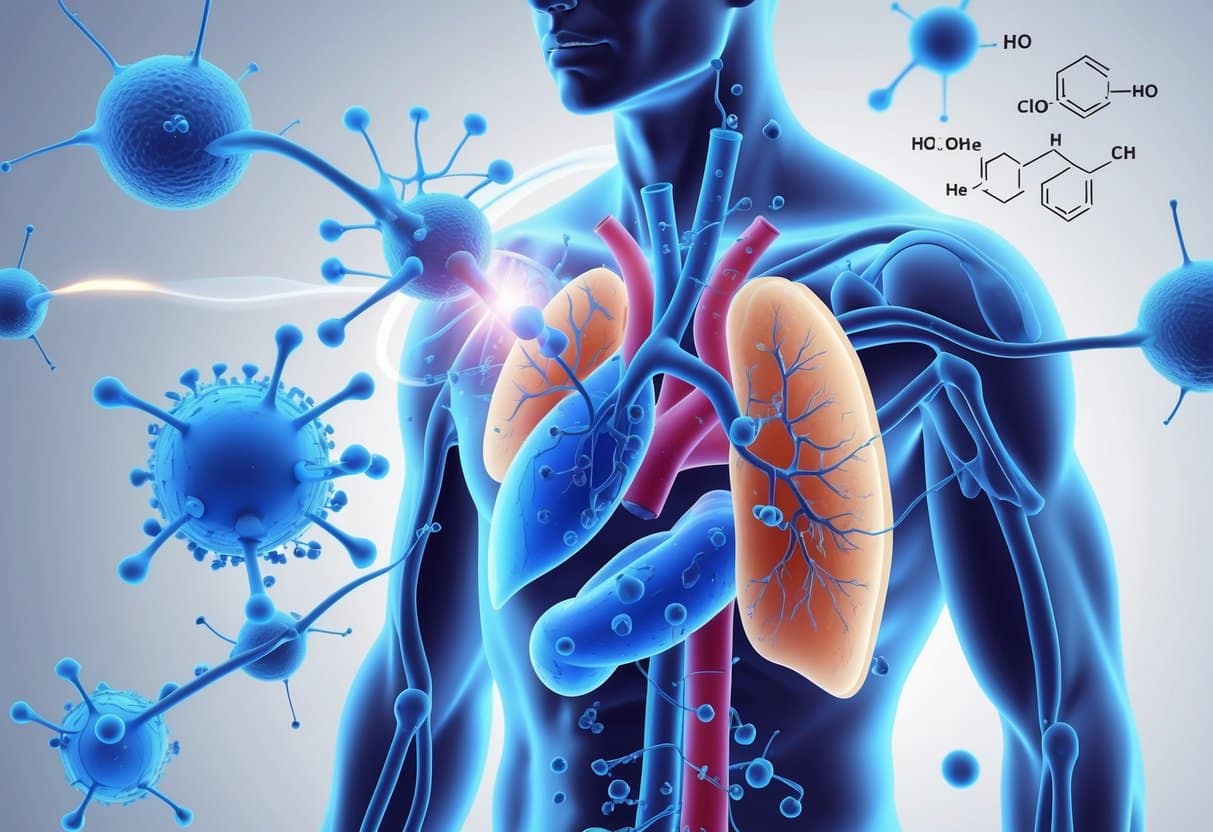 Illustration of a human body showing methylene blue molecules interacting with cells and blood vessels to demonstrate how the drug works inside the body.
